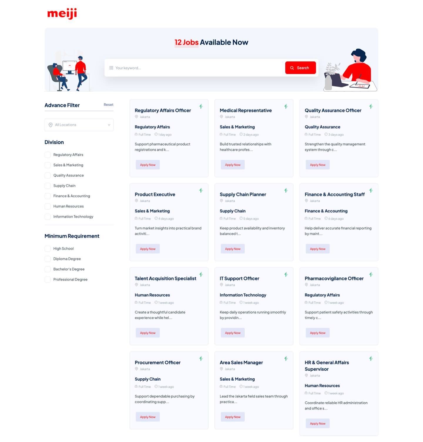portfolio popout.id web development agency jakarta client Meiji Indonesia Career Portal
